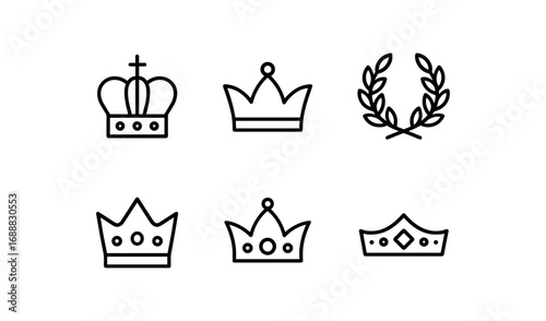 Minimalist linear crowns and laurel wreath icons set