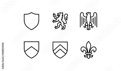 Heraldic symbols collection: lion, eagle, shield, and fleur-de-lis in minimalist line art