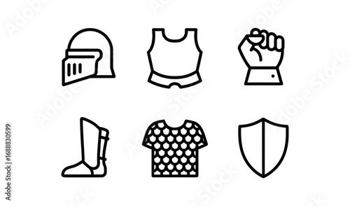 Medieval armor icons: helmet, shield, and more in minimalist black line art style