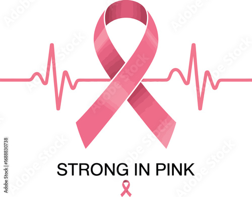 Pink ribbon with heartbeat line isolated on transparent background