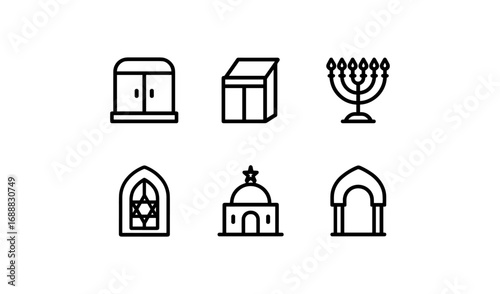 Minimalist religious symbols collection featuring synagogue, torah, and menorah
