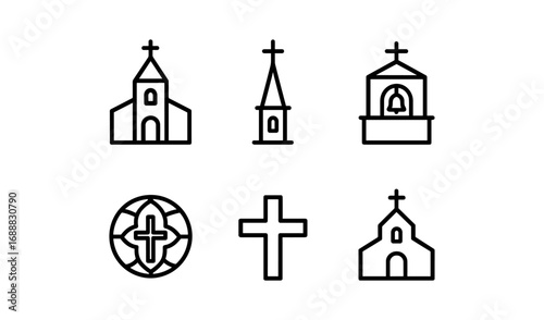 Minimalist church and cross icons set for religious designs