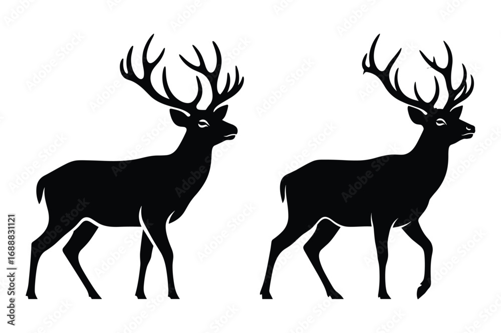Obraz premium Two black silhouette deer with large antlers facing right on white background stag animal