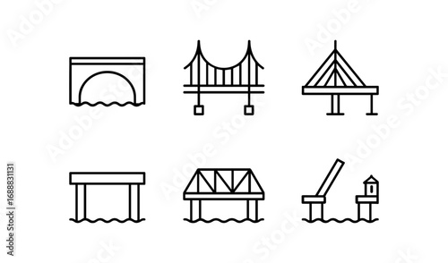 Minimalist linear bridge icons set featuring various architectural designs