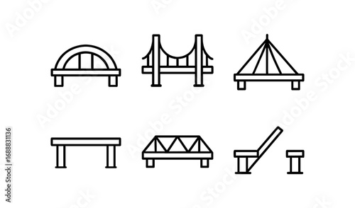 Minimalist linear icon set of various bridge designs for infrastructure projects