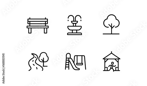 Minimalist icons of park elements including playground and nature symbols