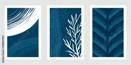 Set of three abstract minimalist art prints with organic shapes and botanical elements in deep blue and white tones