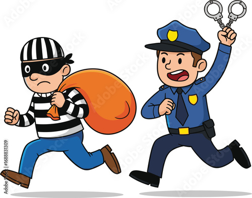 Cartoon police officer chasing thief holding bag, crime and justice concept, law enforcement characters, colorful vector illustration design.