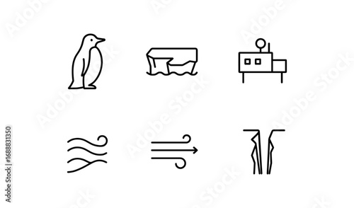 Minimalist arctic icons set: penguin, iceberg, polar research, wind patterns, cracks