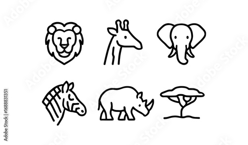 Minimalist line art of african wildlife with iconic safari animals and tree