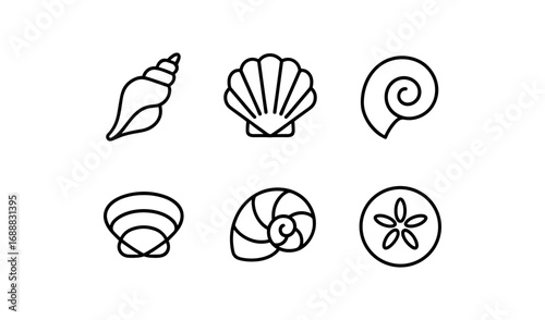 Minimalist black and white seashell icons set for ocean-themed designs