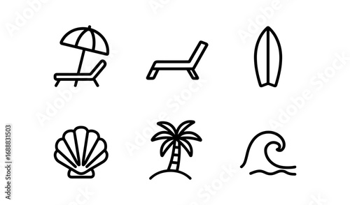 Minimalist beach icons set: umbrella, deck chair, surfboard, shell, palm, wave
