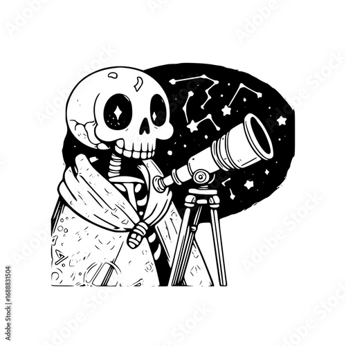 Skeleton astronomer looking at the stars