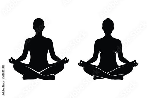 Two black silhouette figures meditating in lotus pose on white background meditation yoga