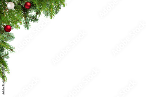 Frame, Christmas tree branches with balls in PNG isolated on transparent background