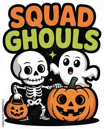 Squad of halloween ghouls characters isolated on transparent background