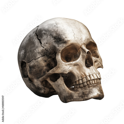 Realistic human skull on transparent background. Anatomical bone model. Education and science use.