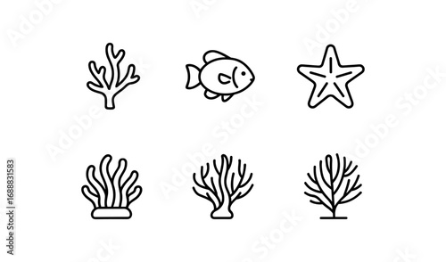 Minimalist marine life icons featuring coral, fish, and starfish