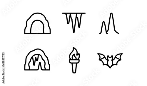 Linear cave icons with bats, stalactites, and torch elements
