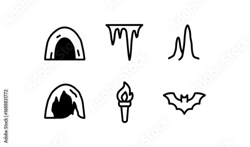 Cave exploration icons: minimalist line art of caves, stalactites, and more