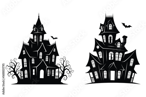 Wallpaper Mural Two black silhouette haunted houses with bats and spooky trees on white background halloween Torontodigital.ca