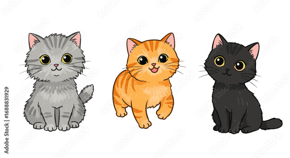 Obraz premium Cute Cats Icon Set in Kids Drawing Style on Transparent Background