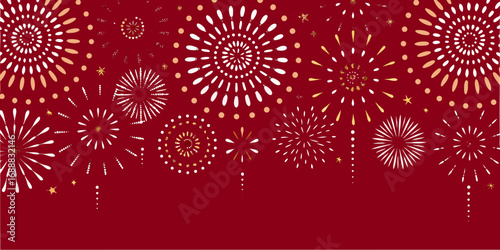 Festive red background with white and gold fireworks bursting and sparkling