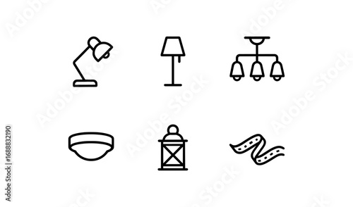 Modern linear lighting icon set featuring lamps, chandeliers, and decorative elements