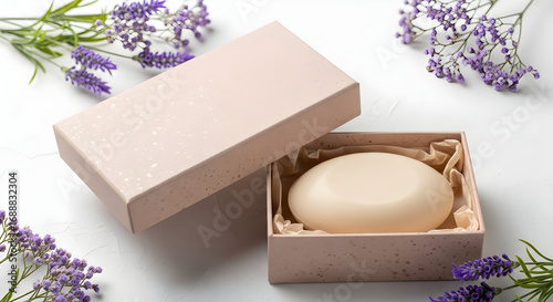 Elegant soap bar in a soft pink box with lavender flowers for skincare and beauty products natural handmade fragrant spa gift set