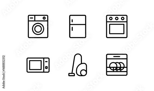 Minimalist line art icons of household appliances for modern kitchen design