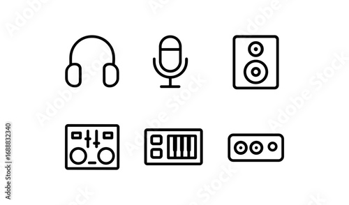 Minimalistic music equipment icons set featuring headphones and microphone