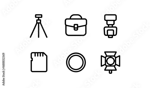 Minimalist outline icon set: photography equipment and accessories