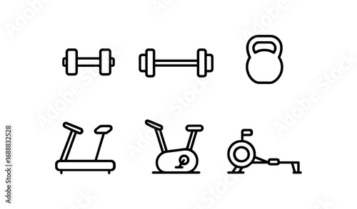 Minimalist gym equipment icons: dumbbells, treadmill, kettlebell, bike, rower