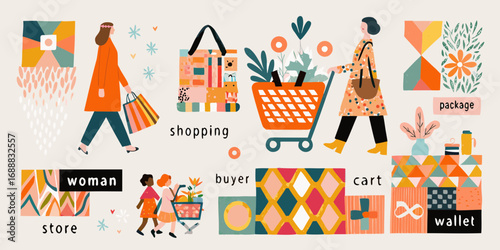 Diverse women enjoying shopping with colorful bags and carts in a vibrant abstract illustration