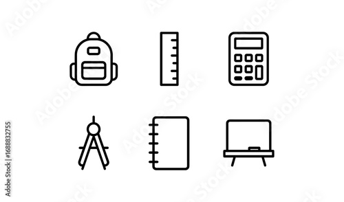 Linear school icons: backpack, ruler, calculator, compass, notebook, and whiteboard in minimalist style