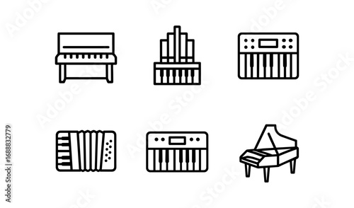Minimalist linear icons of musical instruments: piano, organ, keyboard, accordion, grand piano