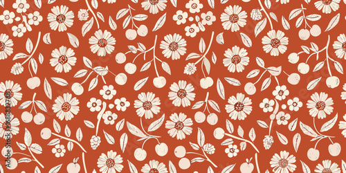 Delicate white daisy flowers and cherries scattered across a warm terracotta background seamless pattern