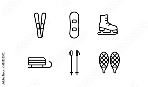 Winter sport icons: minimalist line art of skis, snowboard, skates, sled, poles, snowshoes