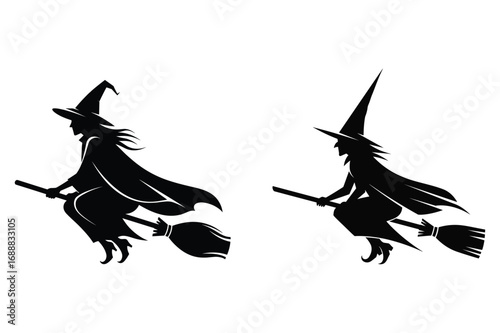 Two black silhouette witches flying on broomsticks against a white background vector