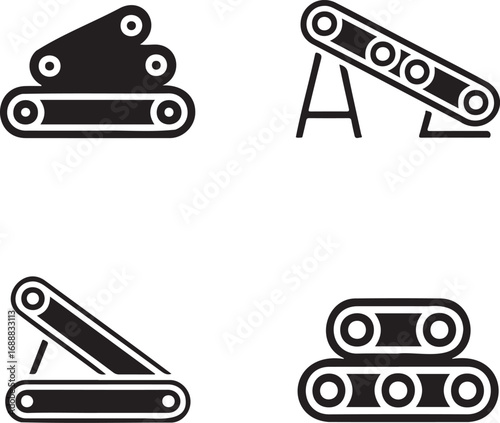 Set of Industrial Conveyor Belt Icons – Vector Silhouettes for Manufacturing and Automation 