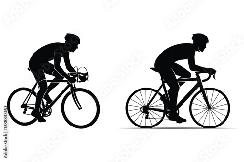 Two cyclists riding bicycles side by side in a clean outline silhouette