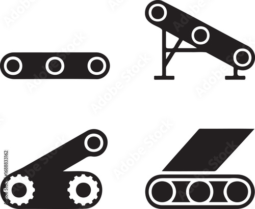Set of Industrial Conveyor Belt Icons – Vector Silhouettes for Manufacturing and Automation 