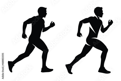 Two black silhouettes of men running side by side on a white background male athletic