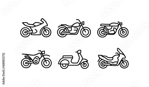 Set of linear motorcycle icons: diverse designs in minimalist style