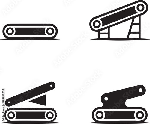 Set of Industrial Conveyor Belt Icons – Vector Silhouettes for Manufacturing and Automation 