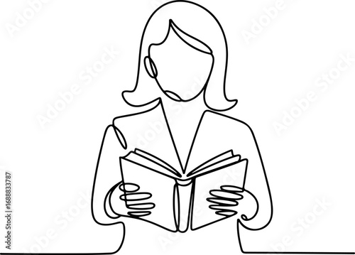 Continuous line art of a woman holding and reading an open book for education and knowledge
