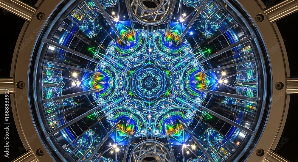 Obraz premium Intricate luminous kaleidoscope pattern with geometric symmetry and iridescent hues emanating from a central core