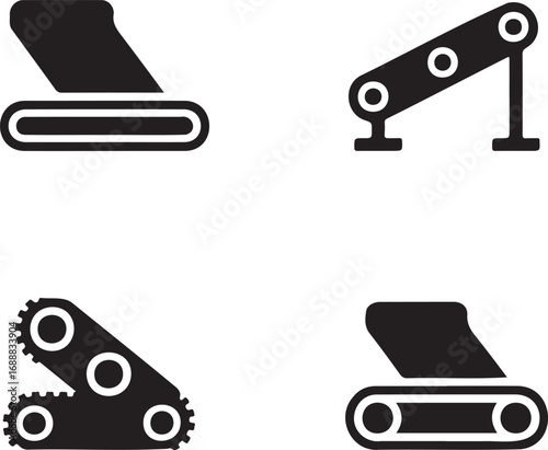 Set of Industrial Conveyor Belt Icons – Vector Silhouettes for Manufacturing and Automation 