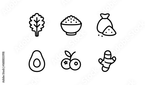 Minimalist icons of superfoods in simple black and white design