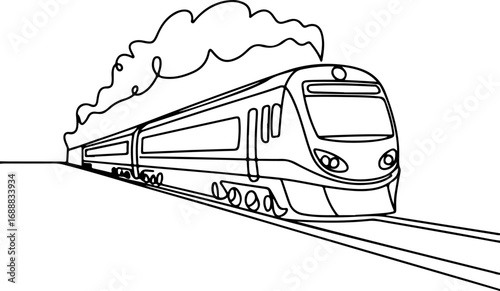 Modern high-speed train moving on a railway track as a continuous line art vector illustration